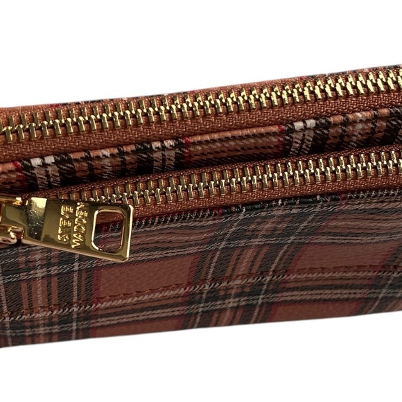 Steve Madden Plaid Dual Zip Wristlet Clutch in Red and Brown - Picture 10 of 14